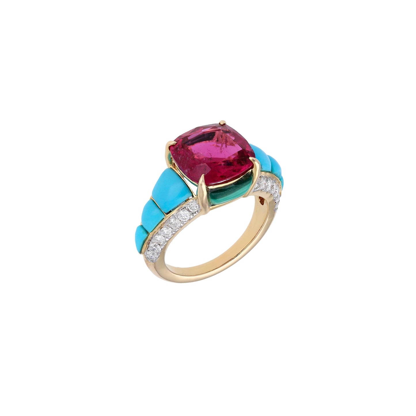 4.52 Cts Cushion cut Rubellite art deco diamond ring, 18k Solid gold turquoise malachite gemstone ring, Statement ring for her, Size 7 US