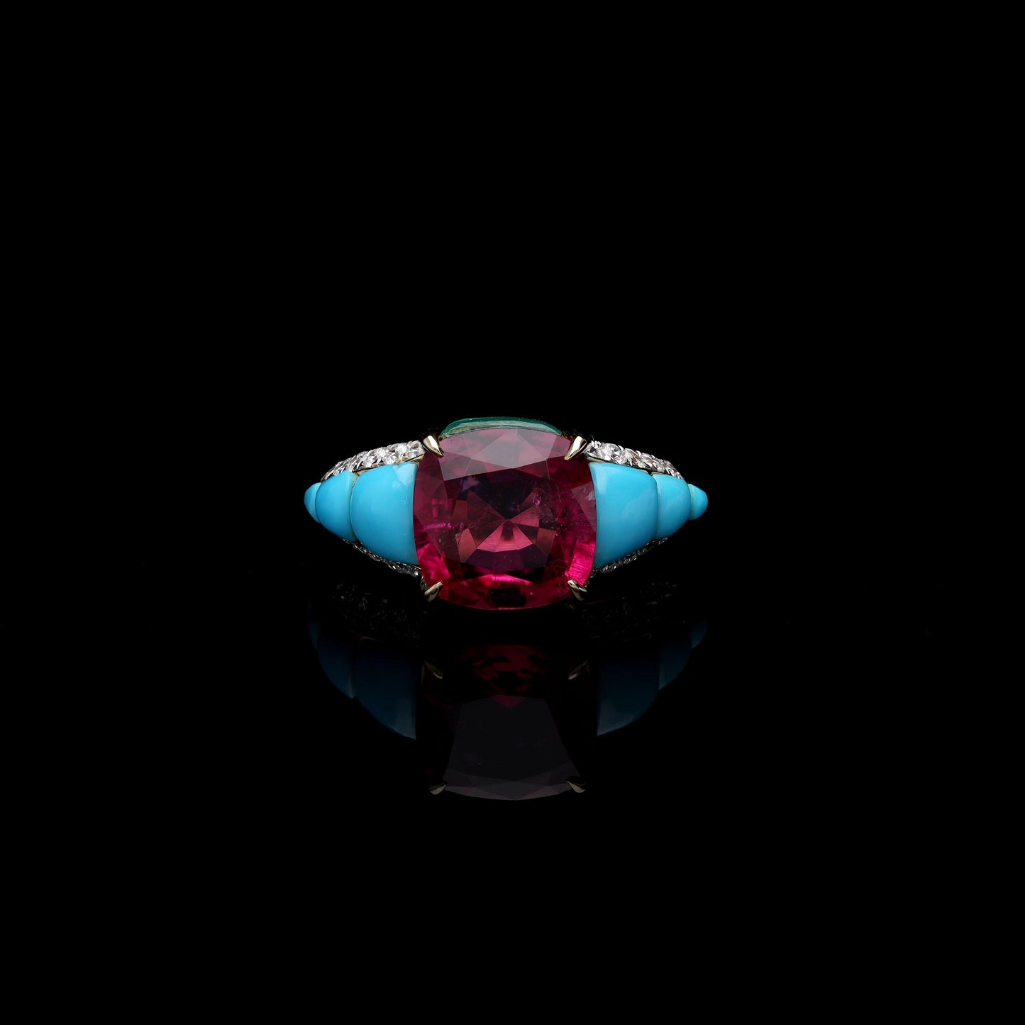 4.52 Cts Cushion cut Rubellite art deco diamond ring, 18k Solid gold turquoise malachite gemstone ring, Statement ring for her, Size 7 US