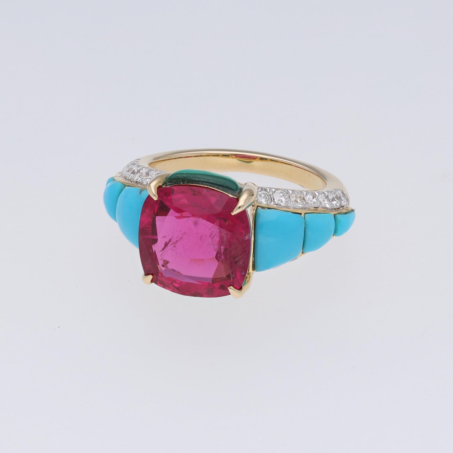 4.52 Cts Cushion cut Rubellite art deco diamond ring, 18k Solid gold turquoise malachite gemstone ring, Statement ring for her, Size 7 US