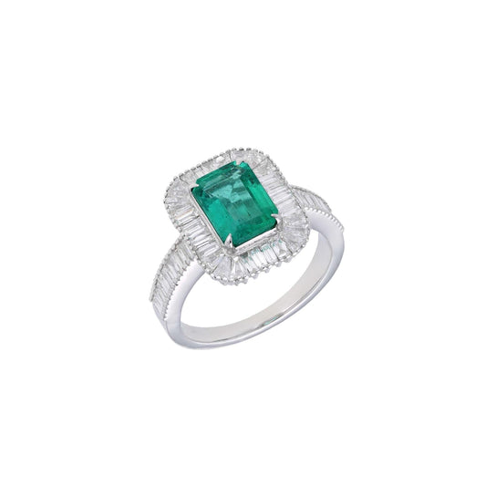 Natural emerald octagon cut diamond ring gold | Diamond baguette prong set gold ring | Emerald statement gold ring | Vintage emerald ring