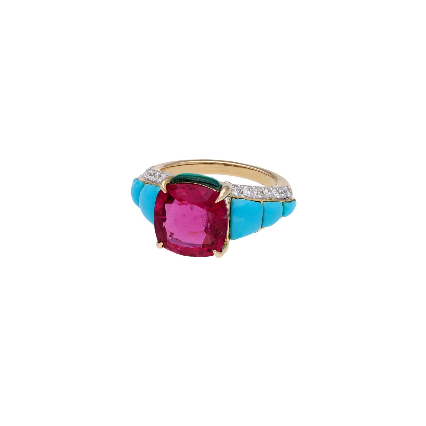4.52 Cts Cushion cut Rubellite art deco diamond ring, 18k Solid gold turquoise malachite gemstone ring, Statement ring for her, Size 7 US