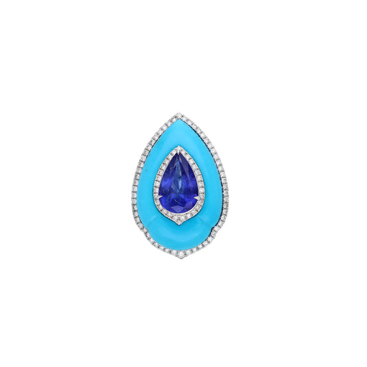 5.54 Cts pear cut tanzanite turquoise statement ring, 18k Solid white gold diamond ring, 15.3X9.8 mm pear cut tanzanite ring Size 7US