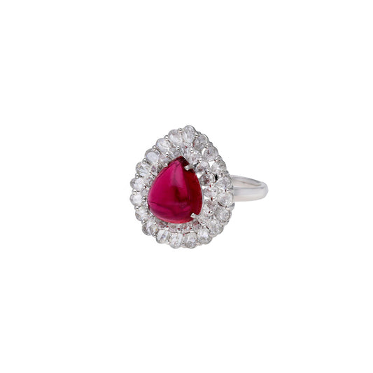 4.48 Cts Rubellite 11.3X9.5mm pear cut gemstone ring, 18k solid white gold diamond rose cut classic ring size 7 US, Statement jewelry